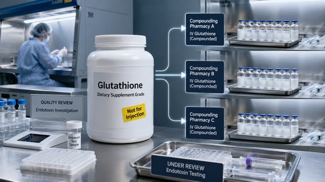 Bulk glutathione source labeled dietary supplement grade feeding multiple compounded IV vial groups beside endotoxin-testing materials in a sterile compounding setting.