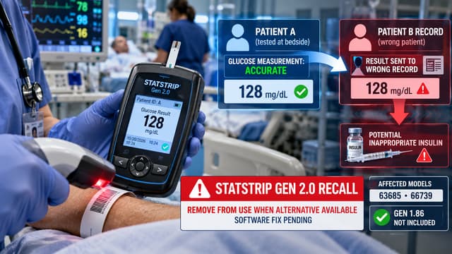 Hospital glucose-meter graphic shows StatStrip Gen 2.0 patient-ID persistence sending a correct glucose result to the wrong record, with insulin-risk warning.