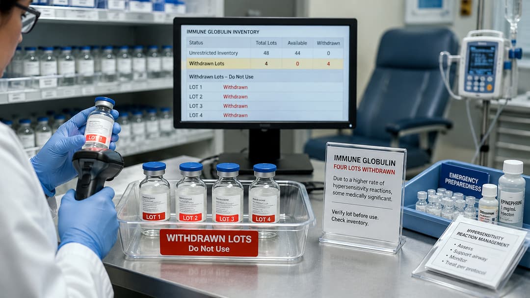 Immune globulin vials with four highlighted lot labels beside infusion equipment, illustrating FDA-reported lot-specific hypersensitivity withdrawals.