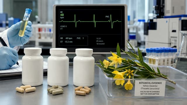 Three unbranded weight-loss bottles beside yellow oleander and an ECG monitor, illustrating FDA-confirmed hidden cardiac glycoside poisoning risk.