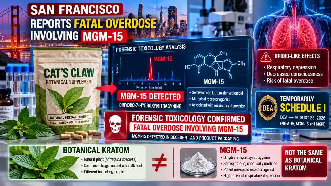 Forensic toxicology graphic shows MGM-15 detected in a fatal San Francisco overdose, contrasting the semisynthetic opioid with botanical kratom products.