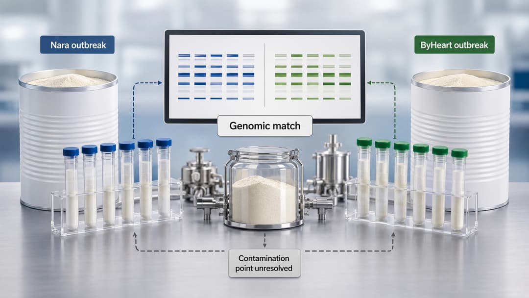 Two infant-formula outbreak samples labeled Nara and ByHeart linked by genomic evidence, with a powdered-milk supply-chain context and unresolved contamination point.