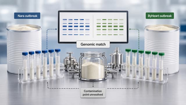 Two infant-formula outbreak samples labeled Nara and ByHeart linked by genomic evidence, with a powdered-milk supply-chain context and unresolved contamination point.