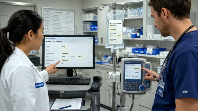Clinicians verify an acetylcysteine infusion across the EHR, pharmacy label, diluent volume, and bedside pump to prevent a dangerous dosing error.