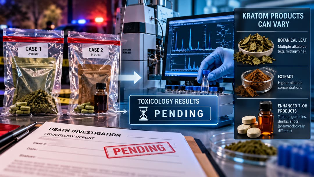Packaged kratom evidence beside forensic toxicology testing, illustrating two Ole Miss death investigations where product composition and causation remain unconfirmed.