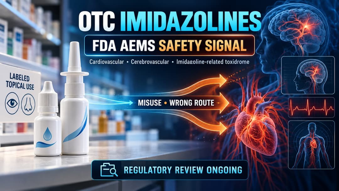 Medical toxicology graphic showing OTC imidazoline products, misuse and wrong-route exposure, and FDA AEMS cardiovascular and cerebrovascular safety signals.