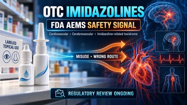 Medical toxicology graphic showing OTC imidazoline products, misuse and wrong-route exposure, and FDA AEMS cardiovascular and cerebrovascular safety signals.