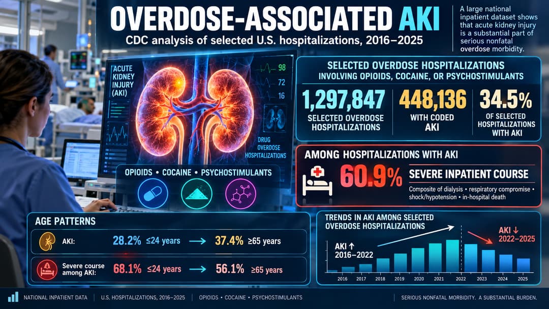 Medical toxicology graphic showing CDC data on overdose hospitalizations, with 34.5% coded AKI and 60.9% severe inpatient course among AKI cases.