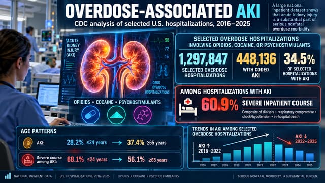 Medical toxicology graphic showing CDC data on overdose hospitalizations, with 34.5% coded AKI and 60.9% severe inpatient course among AKI cases.
