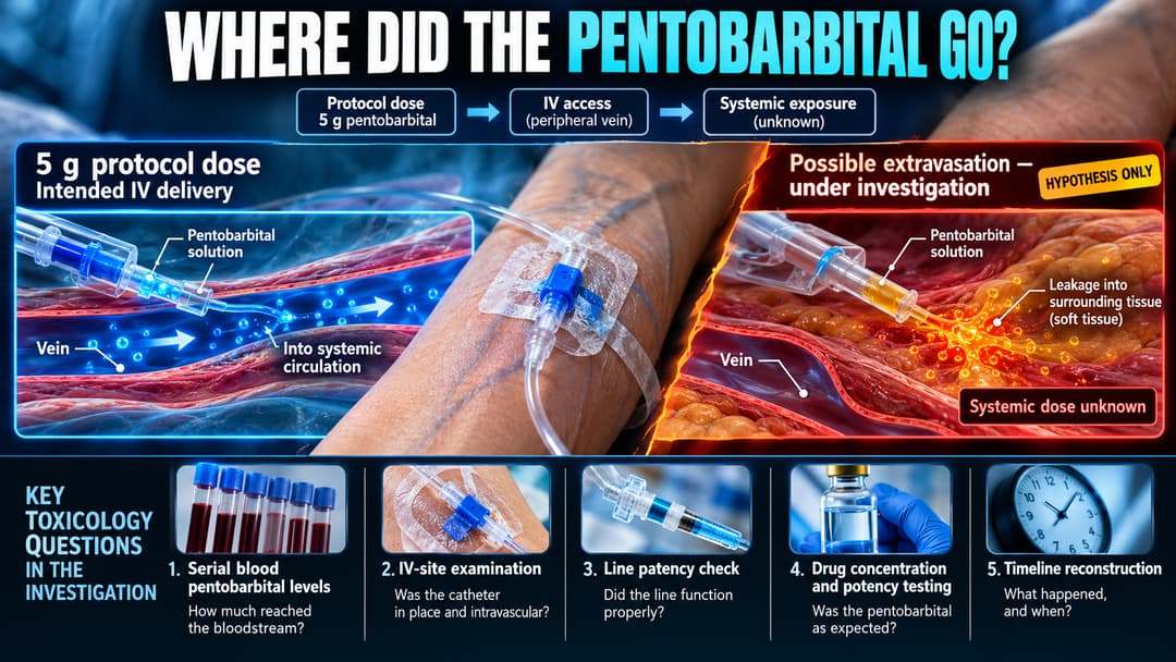 Medical infographic contrasts intended IV pentobarbital delivery with possible extravasation as investigators examine why Christa Pike survived the execution attempt.
