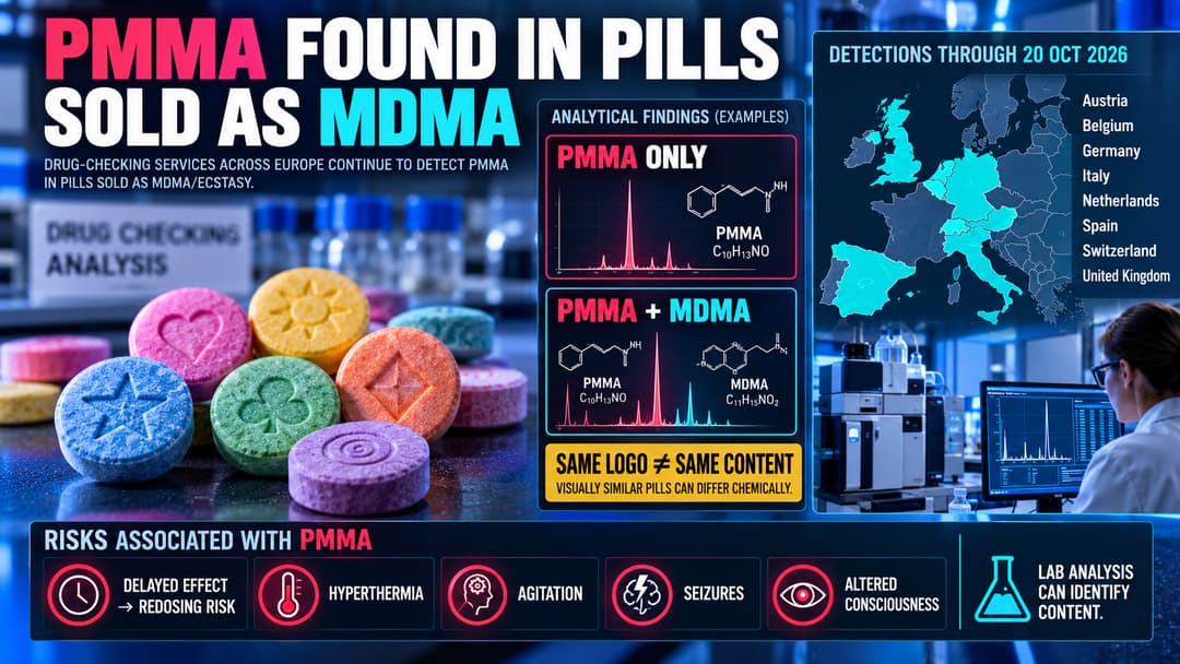 Drug-checking graphic shows PMMA detected in pills sold as MDMA across eight European countries, including PMMA-only and PMMA-plus-MDMA samples.
