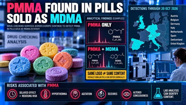 Drug-checking graphic shows PMMA detected in pills sold as MDMA across eight European countries, including PMMA-only and PMMA-plus-MDMA samples.