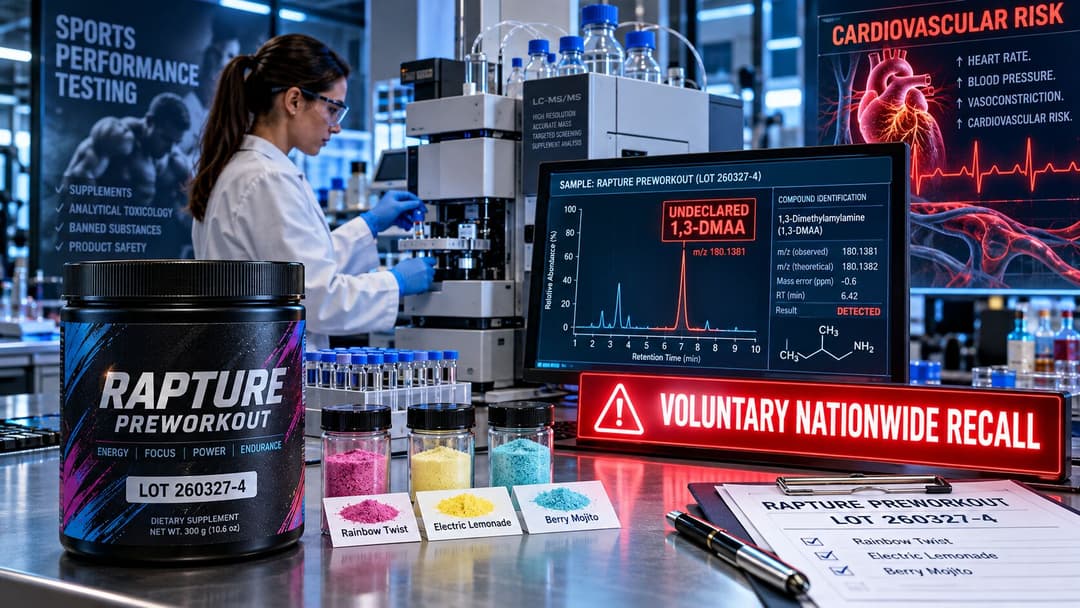 Lab testing graphic shows RAPTURE Preworkout lot 260327-4 recalled nationwide after undeclared 1,3-DMAA was detected, with cardiovascular risk highlighted.