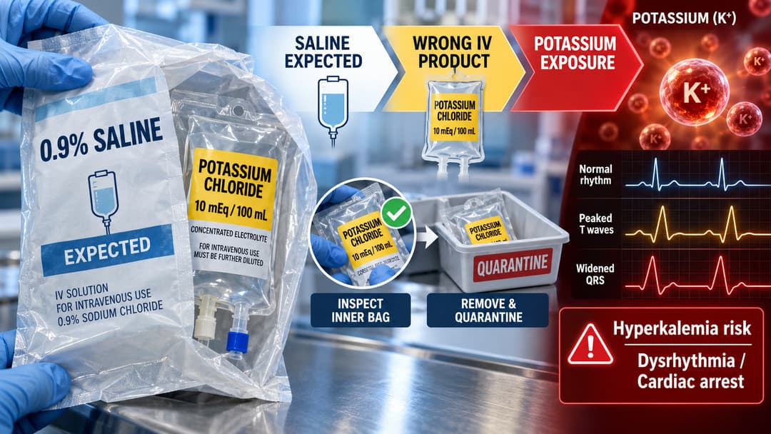 Saline-labeled IV overwrap opened to reveal a potassium chloride bag, illustrating the recalled wrong-drug mix-up and severe hyperkalemia risk.