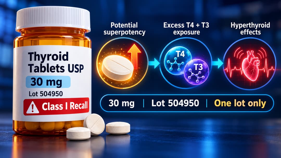 Vitruvias Thyroid Tablets USP 30 mg lot 504950 shown with T4/T3 excess and cardiac-risk cues to illustrate FDA’s Class I superpotency recall.