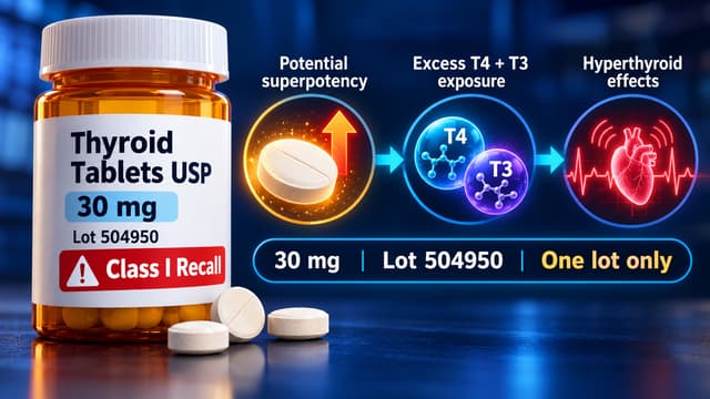 Vitruvias Thyroid Tablets USP 30 mg lot 504950 shown with T4/T3 excess and cardiac-risk cues to illustrate FDA’s Class I superpotency recall.