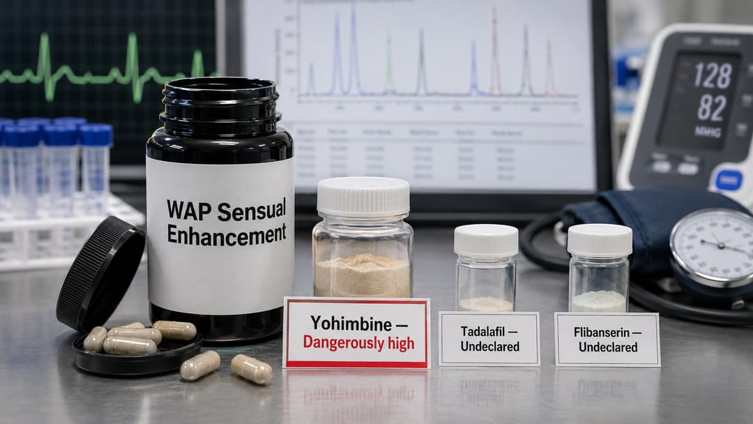 WAP Sensual Enhancement under laboratory review beside labeled evidence samples for dangerously high yohimbine, undeclared tadalafil, and undeclared flibanserin.