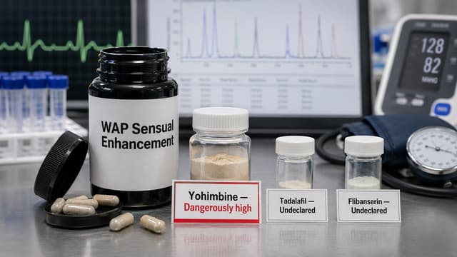 WAP Sensual Enhancement under laboratory review beside labeled evidence samples for dangerously high yohimbine, undeclared tadalafil, and undeclared flibanserin.