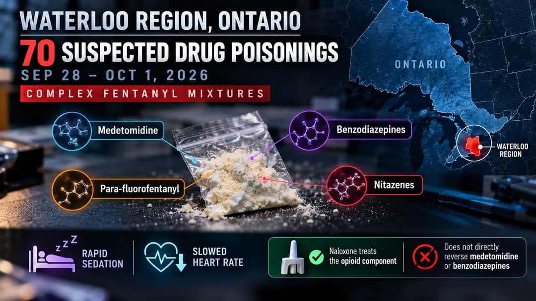 Waterloo Region alert highlights 70 suspected drug poisonings and fentanyl mixtures containing medetomidine, benzodiazepines, para-fluorofentanyl and nitazenes.