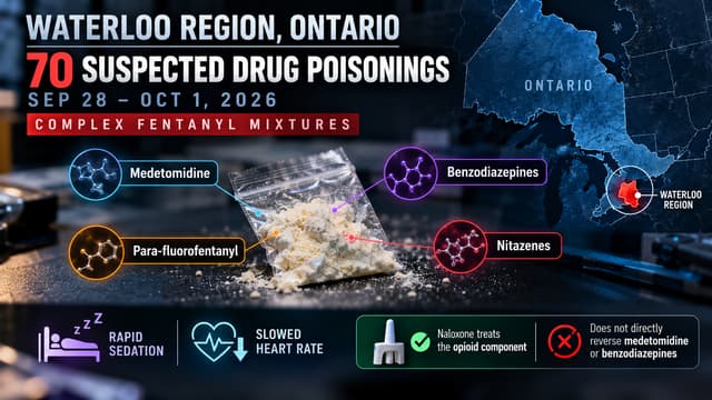 Waterloo Region alert highlights 70 suspected drug poisonings and fentanyl mixtures containing medetomidine, benzodiazepines, para-fluorofentanyl and nitazenes.