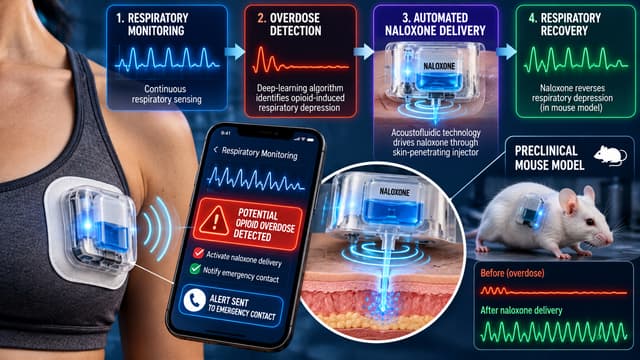 Experimental wearable detects respiratory depression and automatically delivers naloxone in a fentanyl-overdose mouse model using closed-loop control.
