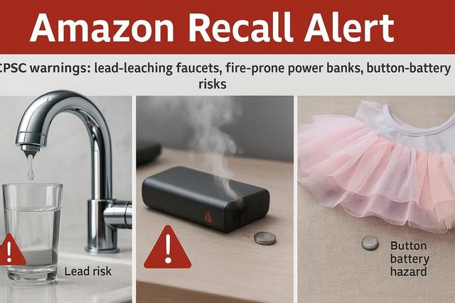 Split-panel collage titled “Amazon Recall Alert” showing a dripping kitchen faucet into a glass (lead risk), a smoking power bank on a desk (fire hazard), and a child’s tutu with a loose button battery (ingestion hazard), highlighting current CPSC warnings for products sold on Amazon.