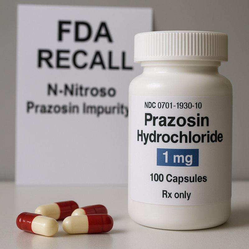 Close-up of prazosin hydrochloride capsules and a labeled prescription bottle, illustrating FDA recall over N-nitroso prazosin impurity C