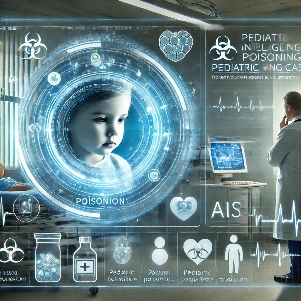 Futuristic medical illustration showcasing artificial intelligence and machine learning in predicting methadone poisoning outcomes in young children, enhancing clinical decision-making and patient care.