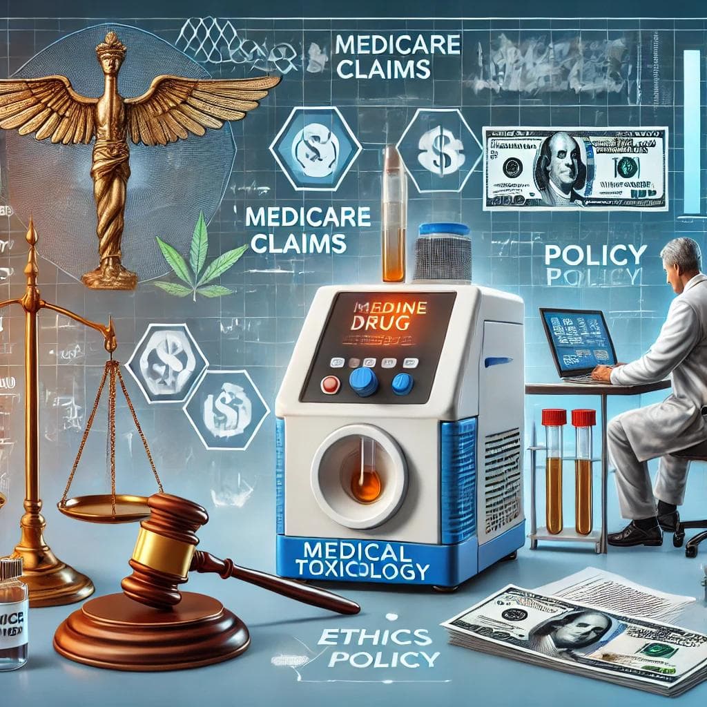Illustration of a medical toxicology laboratory with advanced urine drug testing equipment, legal symbols like a gavel and scales of justice, and compliance documentation, highlighting themes of ethics, regulatory accountability, and Medicare claims in healthcare