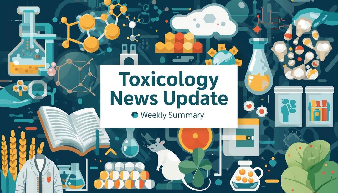 Illustrated cover design featuring laboratory equipment, chemical structures, plants, medical symbols the title ‘Toxicology News Update – Weekly Summary.