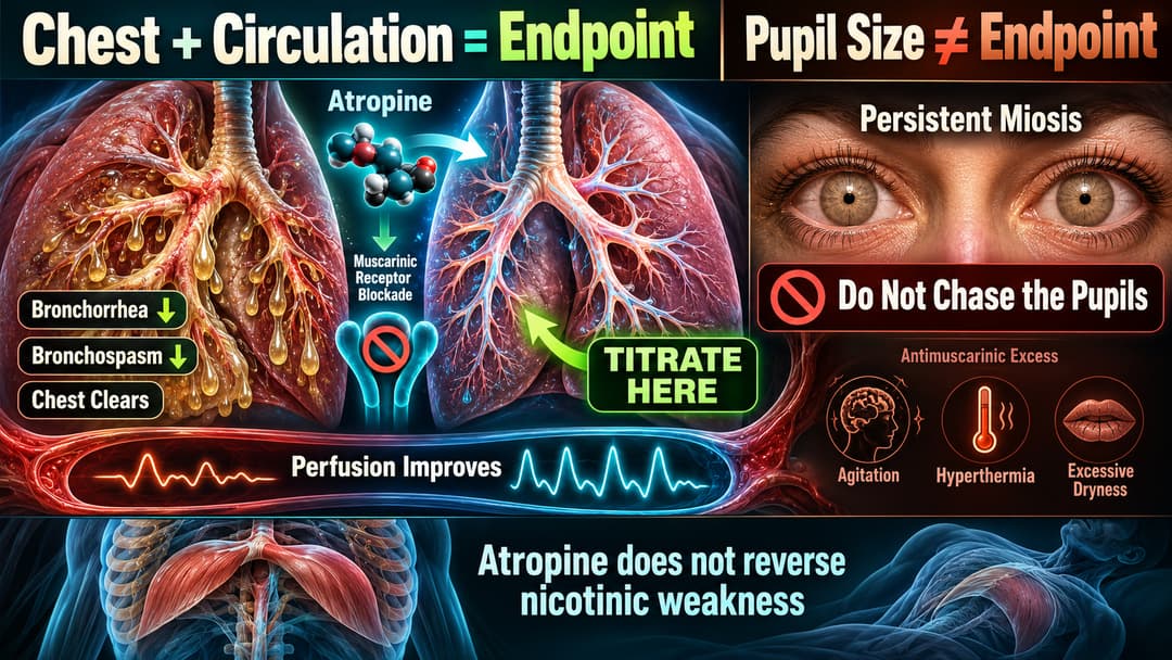 Clinical graphic showing atropine titration to clearing bronchorrhea and improved circulation rather than normalization of pupil size.