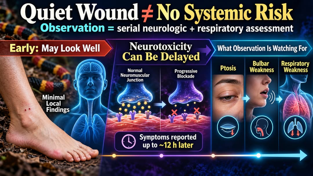 Timeline showing an initially asymptomatic Eastern coral snake bite followed by delayed ptosis, bulbar weakness, and respiratory compromise.