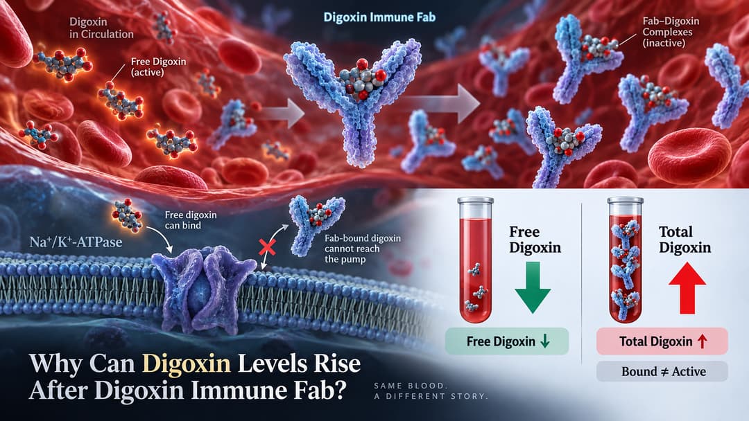 Diagram showing digoxin immune Fab binding digoxin as total serum levels rise while free active digoxin falls.