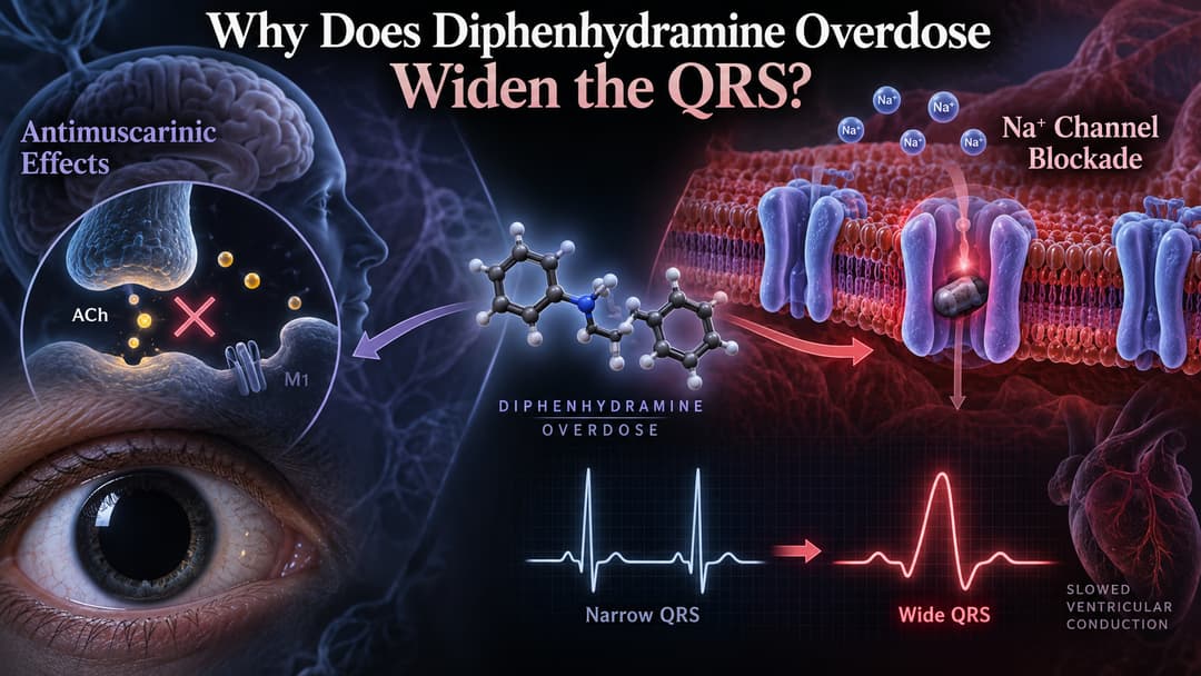 Medical illustration of diphenhydramine sodium-channel blockade causing QRS widening on an ECG.