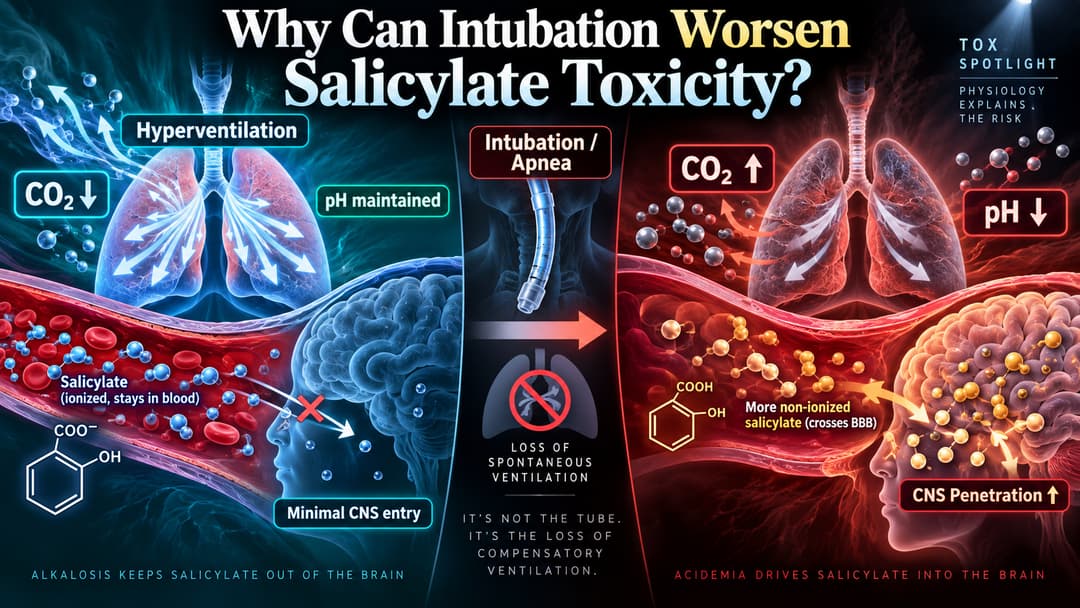 Diagram showing CO₂ rise, pH fall, and increased CNS salicylate penetration after loss of compensatory hyperventilation.
