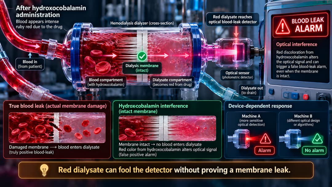 Diagram showing red hydroxocobalamin discoloration triggering a false optical blood-leak alarm despite an intact dialysis membrane.