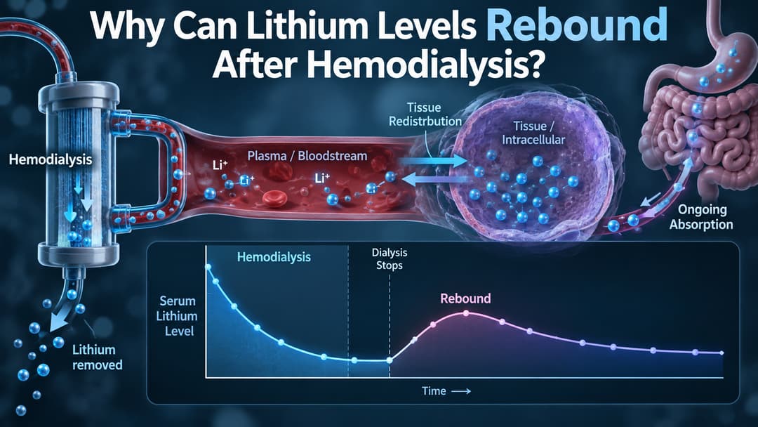 Medical diagram showing lithium redistribution from tissues into blood after hemodialysis causes serum lithium rebound.