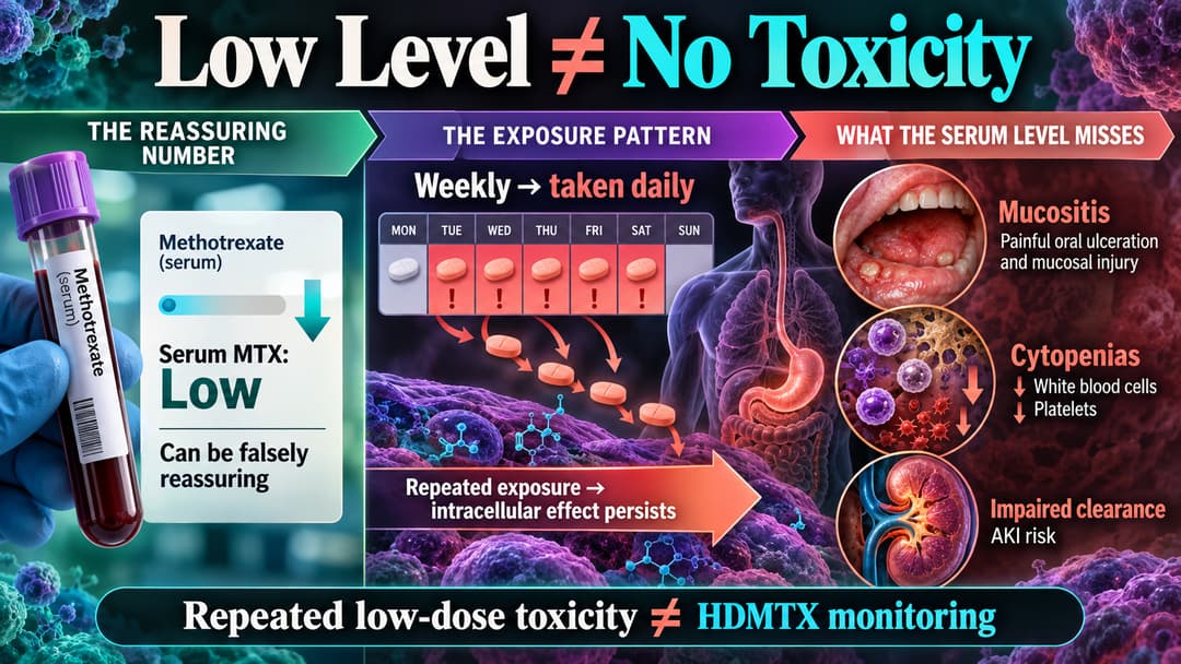 Clinical graphic showing severe repeated low-dose methotrexate toxicity despite a low serum methotrexate concentration.