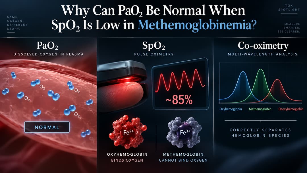 Medical diagram showing normal PaO₂, low SpO₂, and co-oximetry in methemoglobinemia.