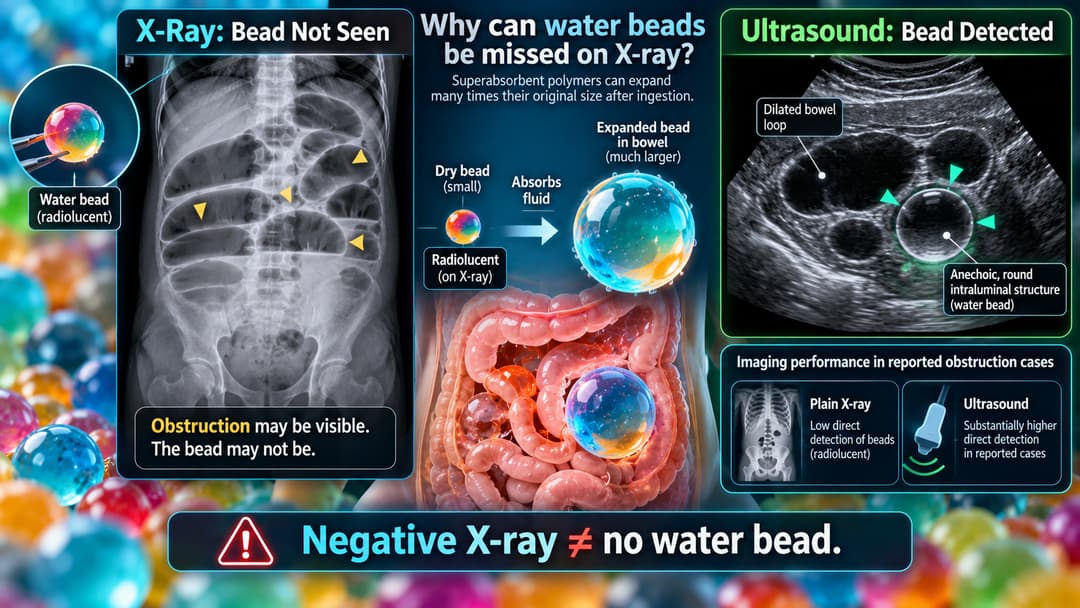 Pediatric imaging comparison showing radiolucent water beads missed on X-ray but detected as fluid-filled bowel lesions on ultrasound.