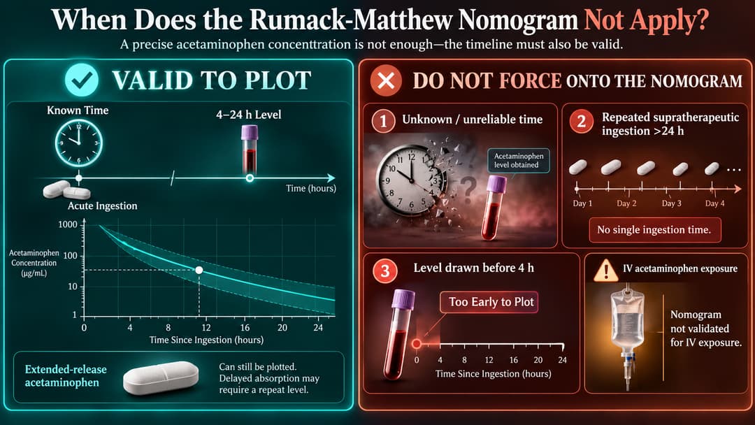 Clinical graphic comparing valid and invalid scenarios for using the Rumack-Matthew acetaminophen nomogram.