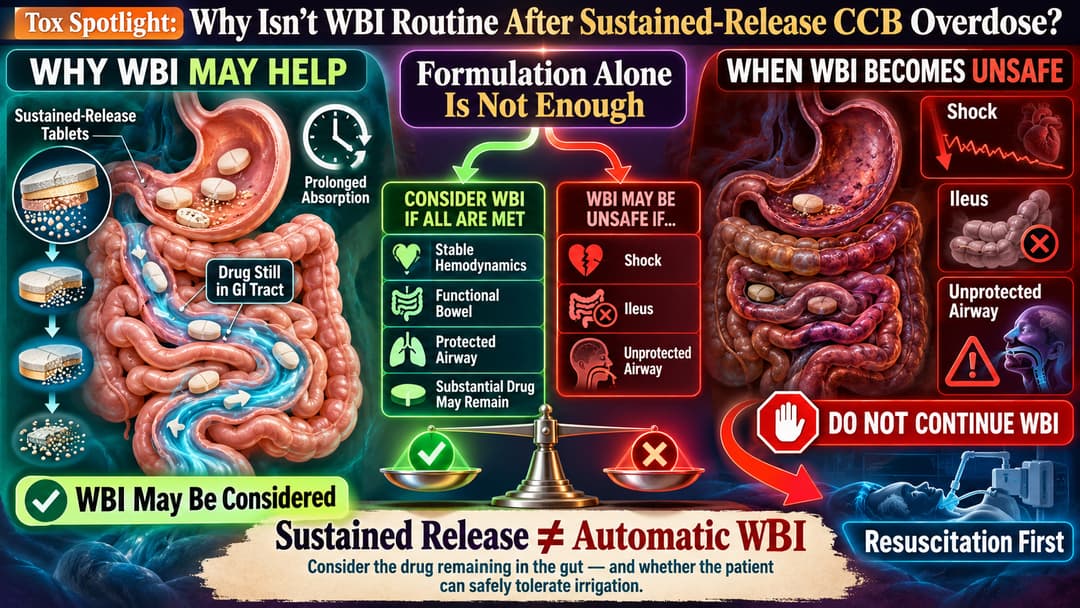 Clinical decision graphic showing when whole-bowel irrigation may be considered or avoided after sustained-release calcium channel blocker overdose.