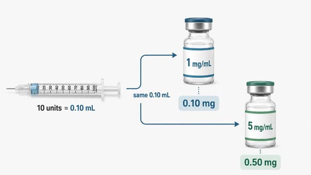 Medical infographic comparing two GLP-1 vial concentrations and showing that the same 10-unit syringe volume can deliver a fivefold different dose.
