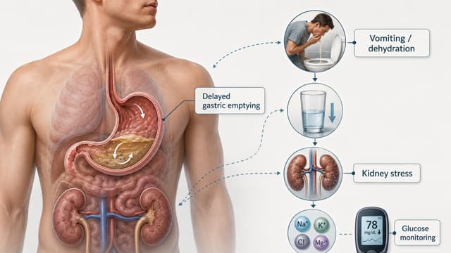 Medical cutaway showing delayed gastric emptying, vomiting, dehydration, kidney stress and glucose monitoring after excessive GLP-1 medication exposure.