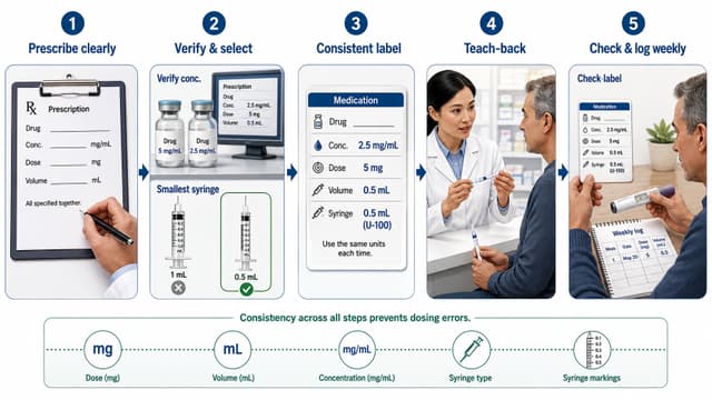 Clinical workflow showing safer GLP-1 prescribing, concentration verification, syringe selection, patient teach-back and weekly dose documentation.