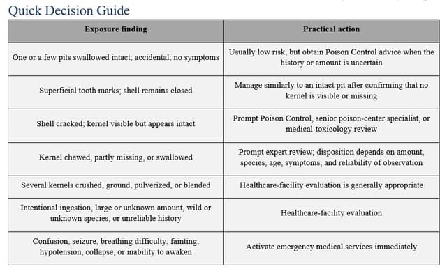 Quick decision guide for cherry pit poisoning, comparing intact, cracked, chewed, crushed, intentional, and symptomatic exposures with recommended actions.