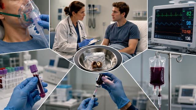 Emergency clinician evaluates a suspected cherry-kernel cyanide exposure with oxygen, monitoring, lactate testing and hydroxocobalamin preparation.