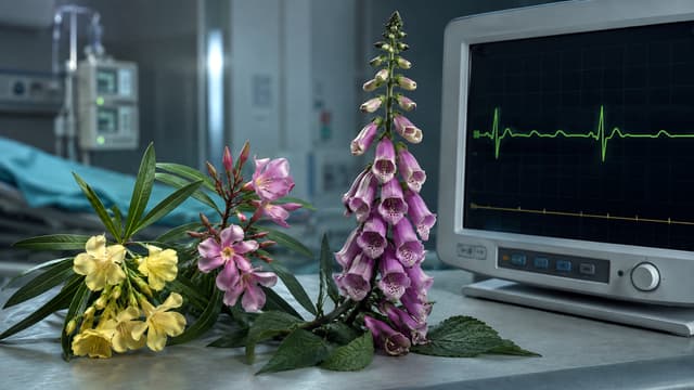 Yellow oleander, common oleander, and foxglove beside a hospital ECG monitor, illustrating plant cardiac glycoside poisoning and rhythm toxicity.