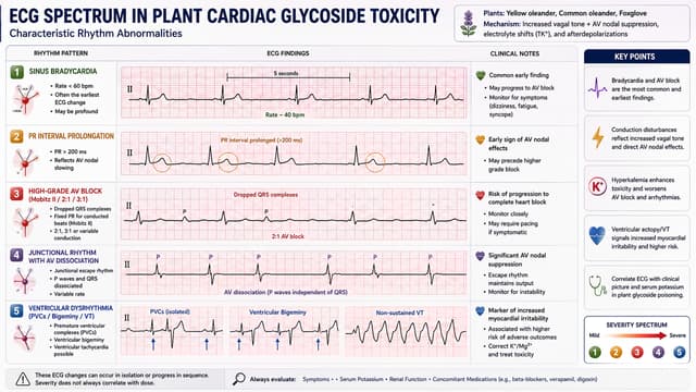 Clinical ECG strips showing sinus bradycardia, PR prolongation, high-grade AV block, junctional rhythm, and ventricular dysrhythmia in glycoside toxicity.