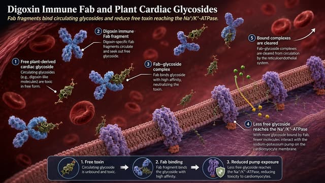 Digoxin immune Fab fragments binding plant-derived cardiac glycoside molecules in blood, with a cardiomyocyte membrane and ion pump in the background.
